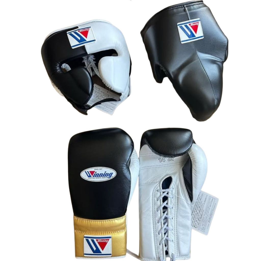 Winning Boxing Gloves set White Black Gold Leather Face & Groin Protection