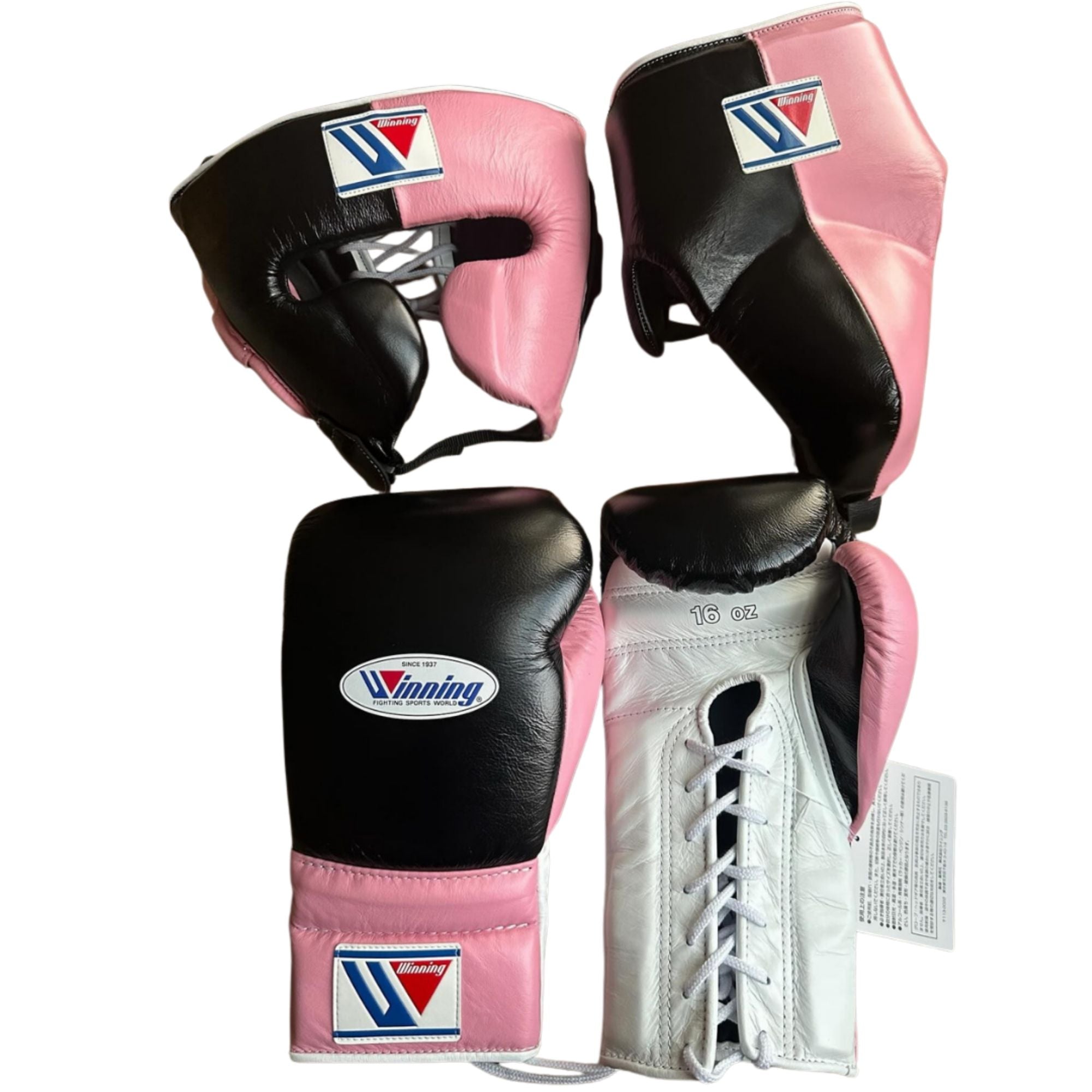 Winning Boxing Set Black Baby Pink Leather Face & Groin Protection