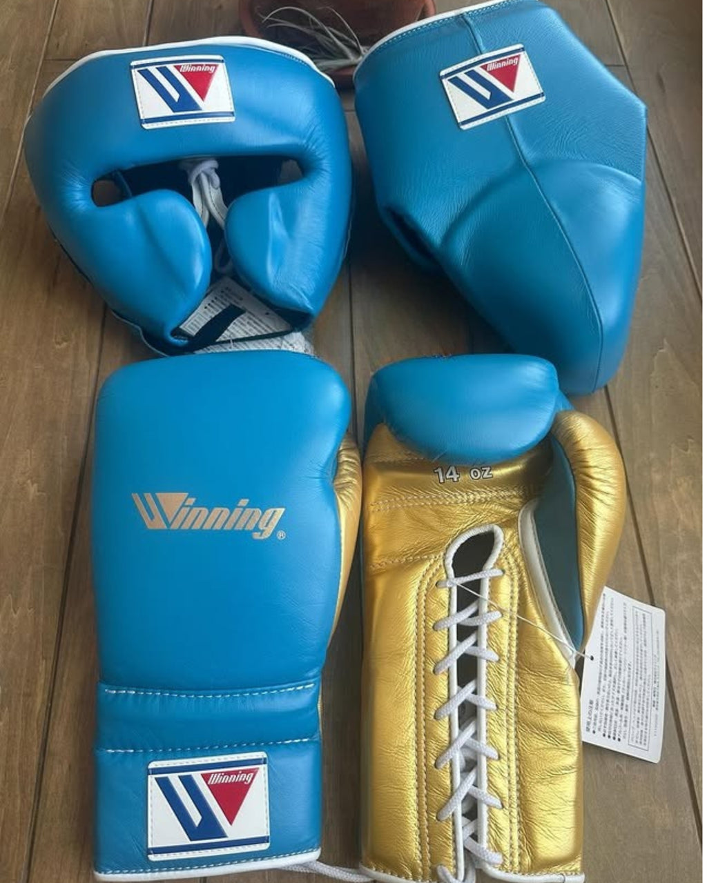 Winning Boxing set Sky Blue Gold Face & Groin Protector