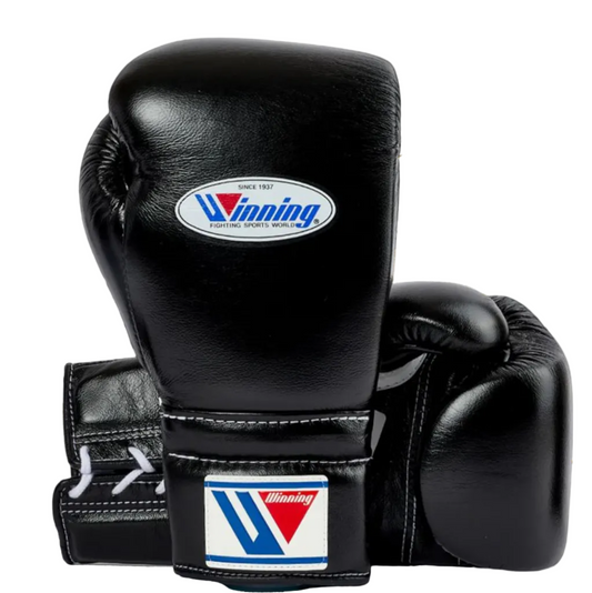 Winning Training Boxing Gloves Black Leather Lace-Up 