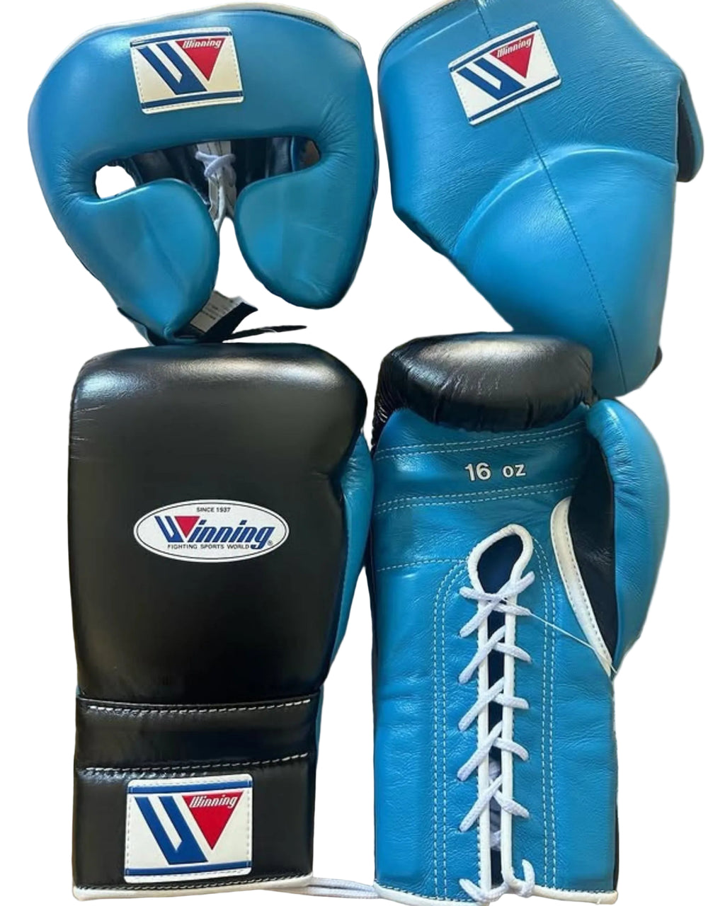 Winning Training Boxing set Black Blue Leather Laceup Gloves