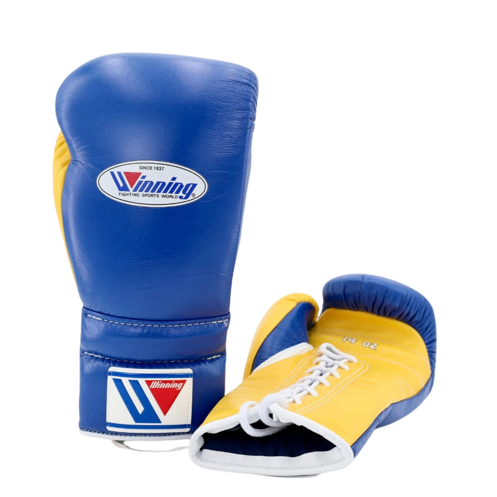 Winning Training  boxing gloves 14oz, 16oz Blue Yellow Leather Lace up