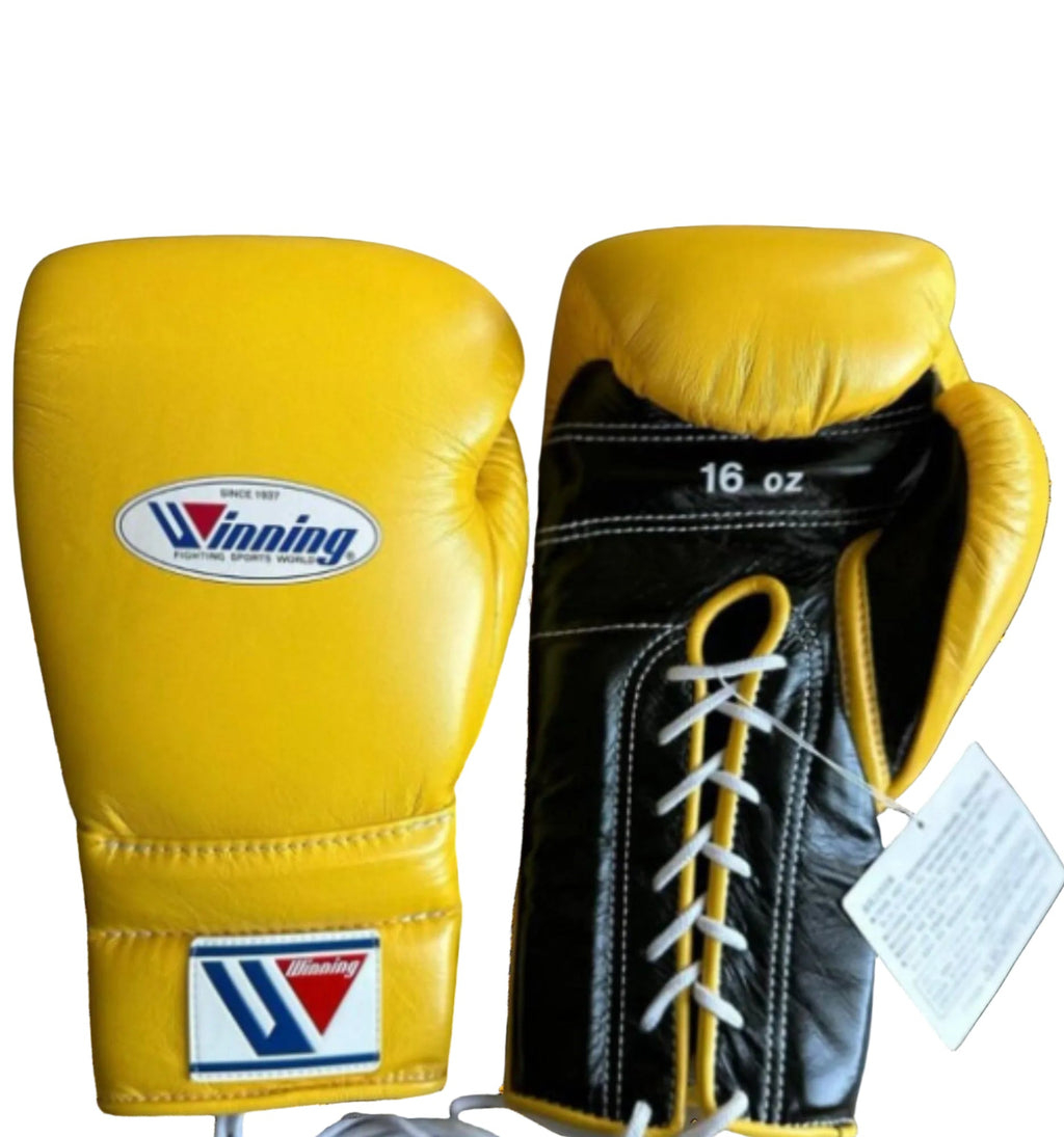 Winning Training boxing gloves 16oz Yellow Black Leather Lace up