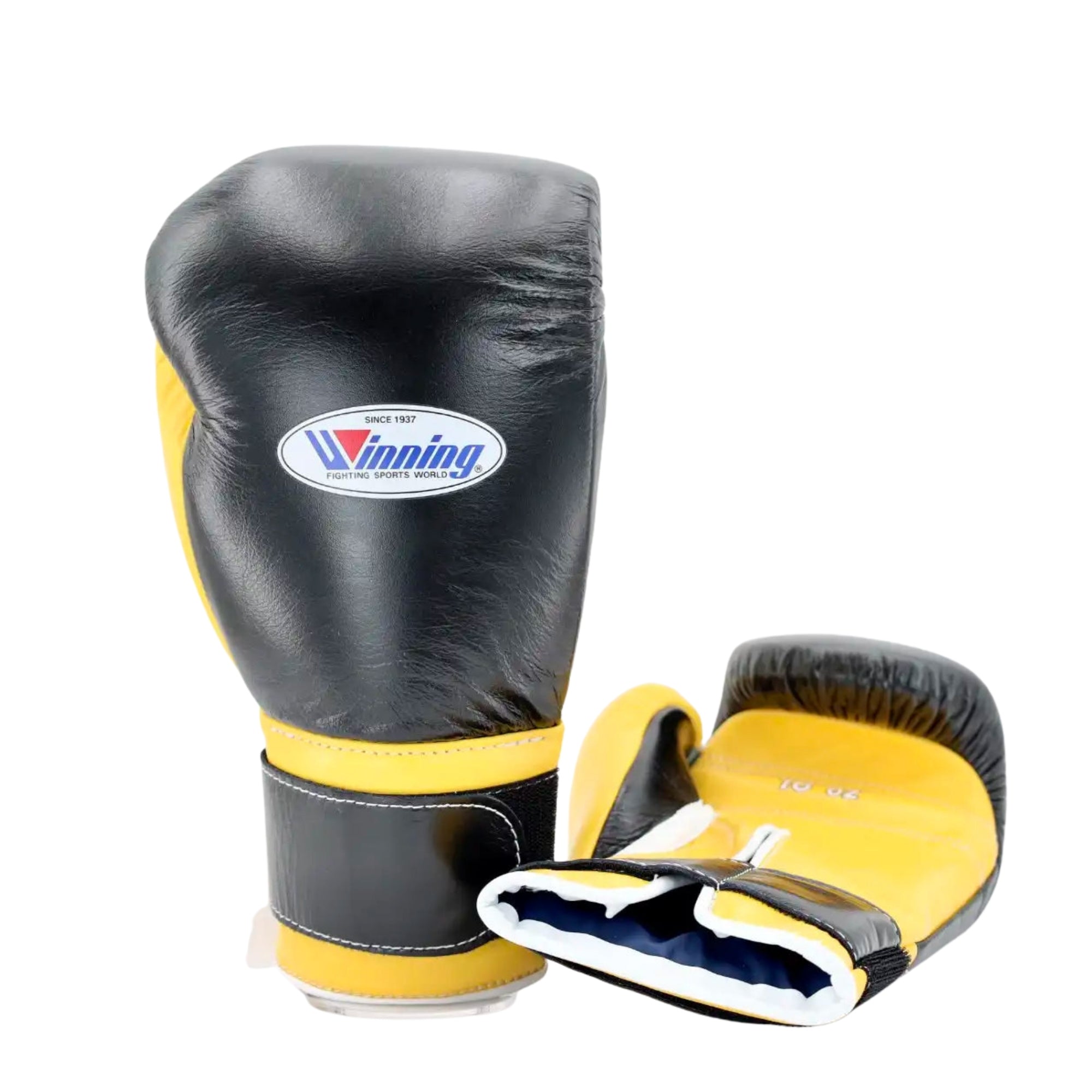 Winning Training boxing gloves Black Gold Leather Velcro/Lace up 12oz