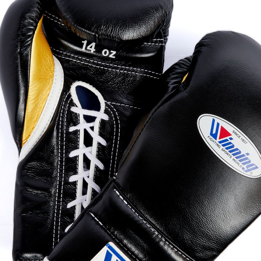 Winning Training boxing gloves Black Golden Leather Lace up - Velcro