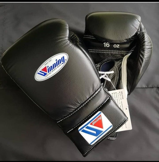 Winning Training  boxing gloves Black Leather Lace up