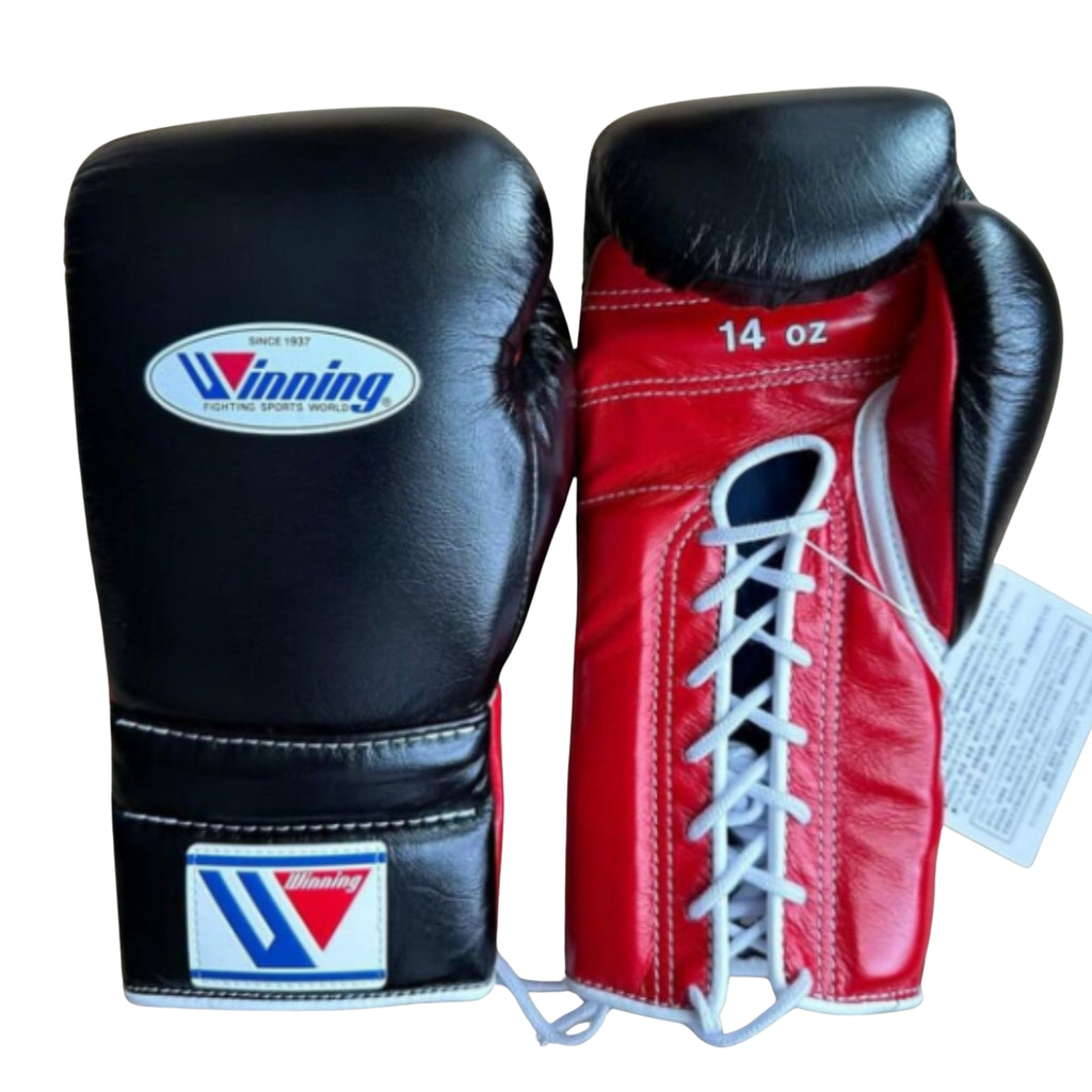 Winning Training boxing gloves  Black Red Leather Lace up - Velcro 