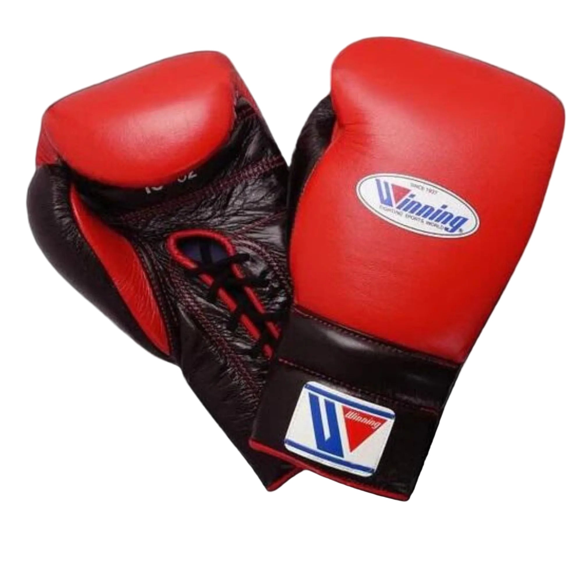 Winning Training boxing gloves Black Red Leather Lace up - Velcro