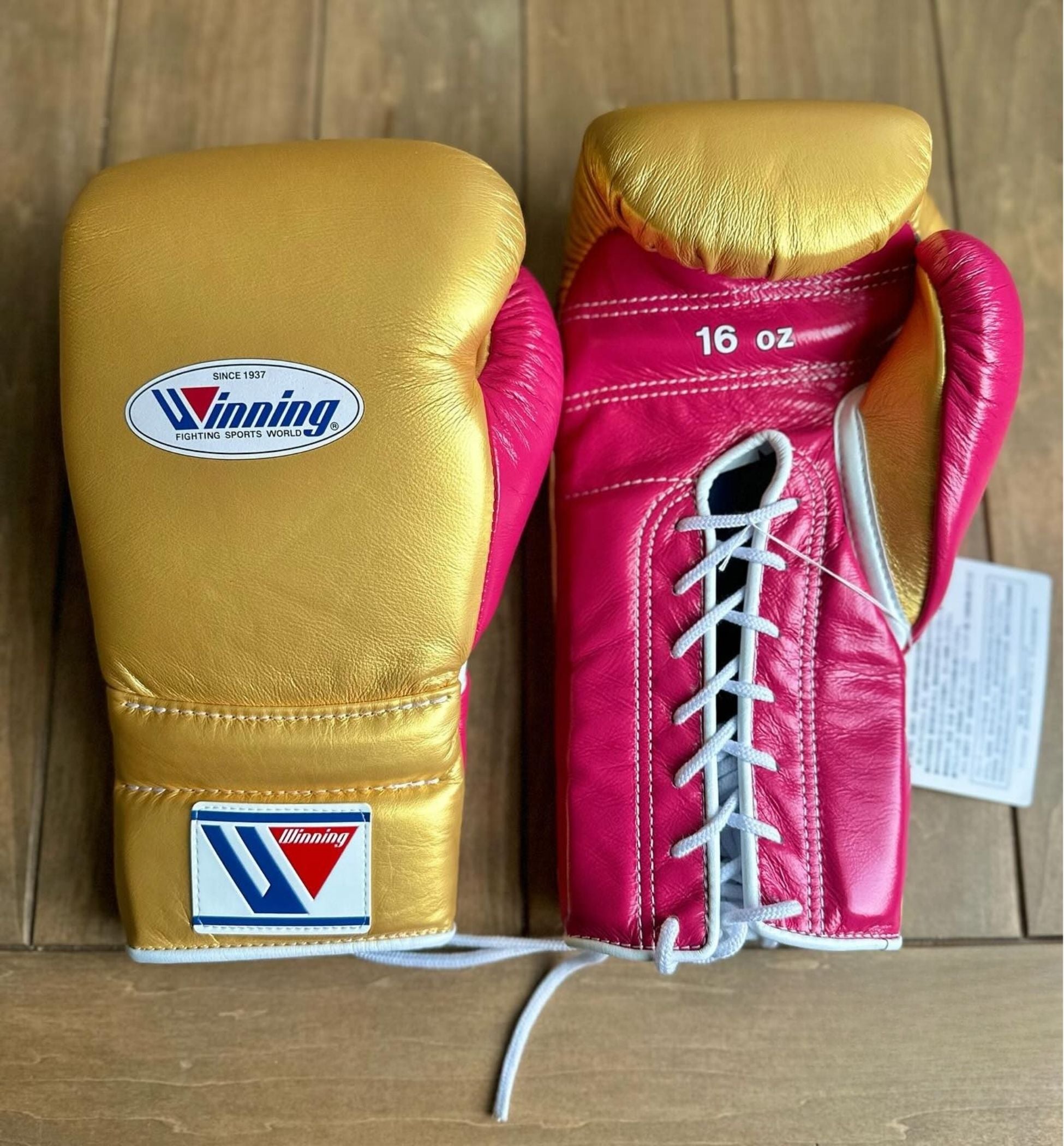 Winning Training boxing gloves Gold Pink Leather Lace up - Velcro