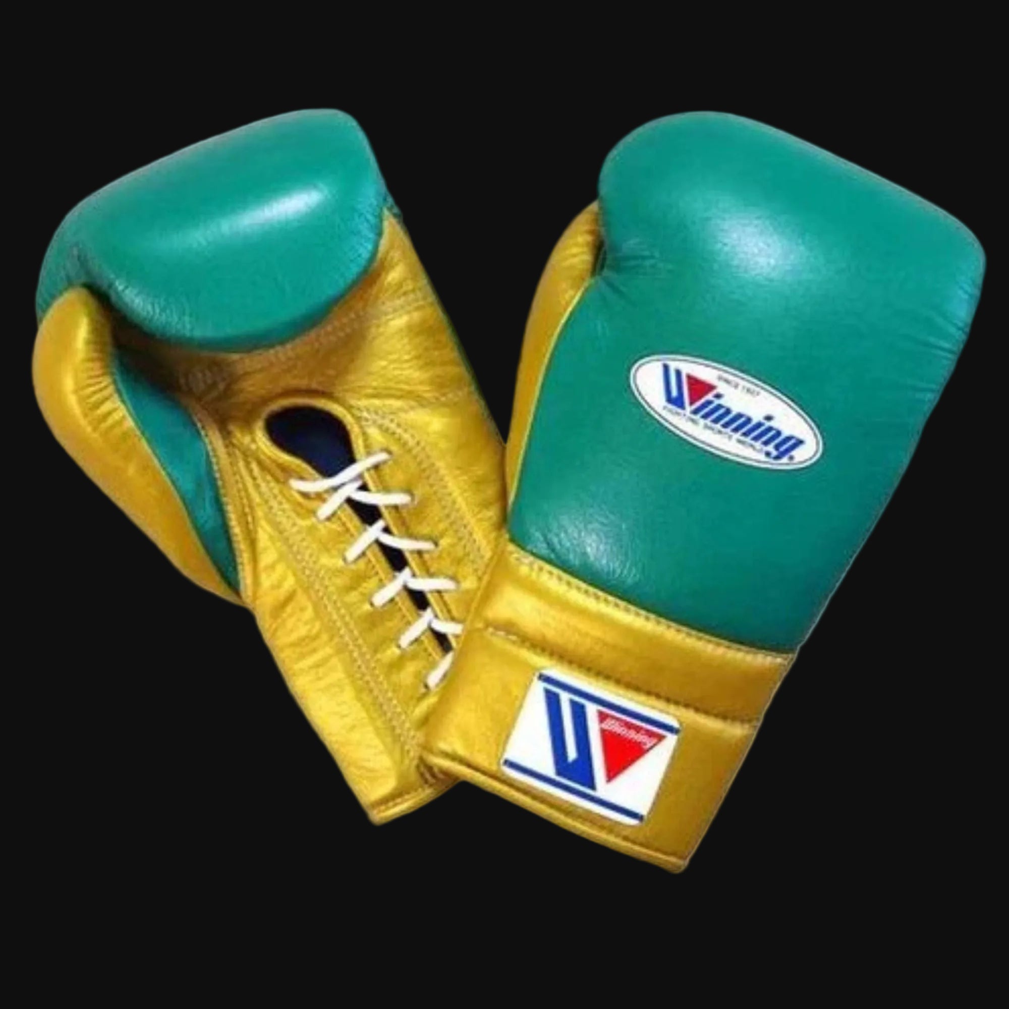 Winning Training boxing gloves Green Gold Leather Lace up - Velcro