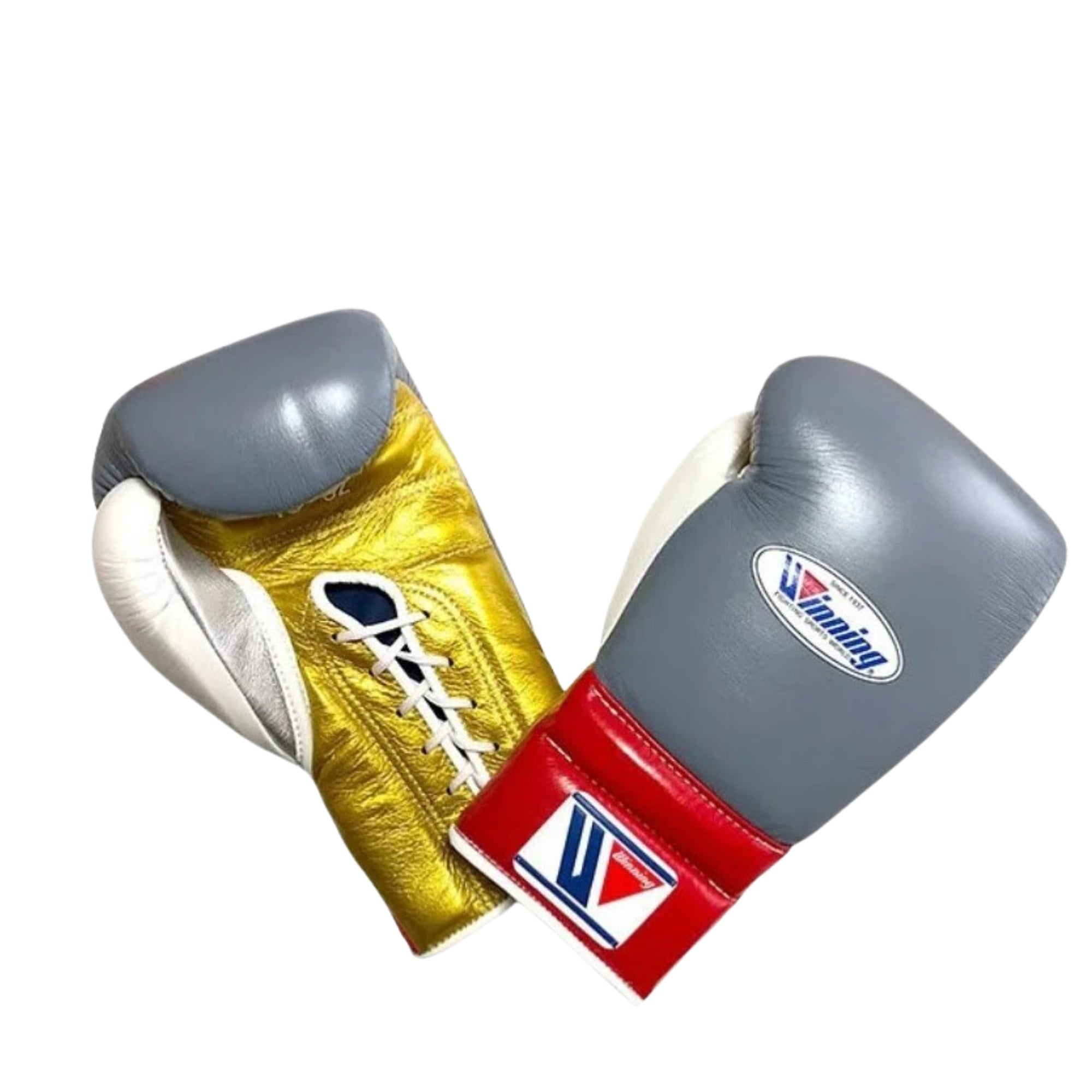 Winning Training boxing gloves Grey White Gold Leather Lace up - Velcro