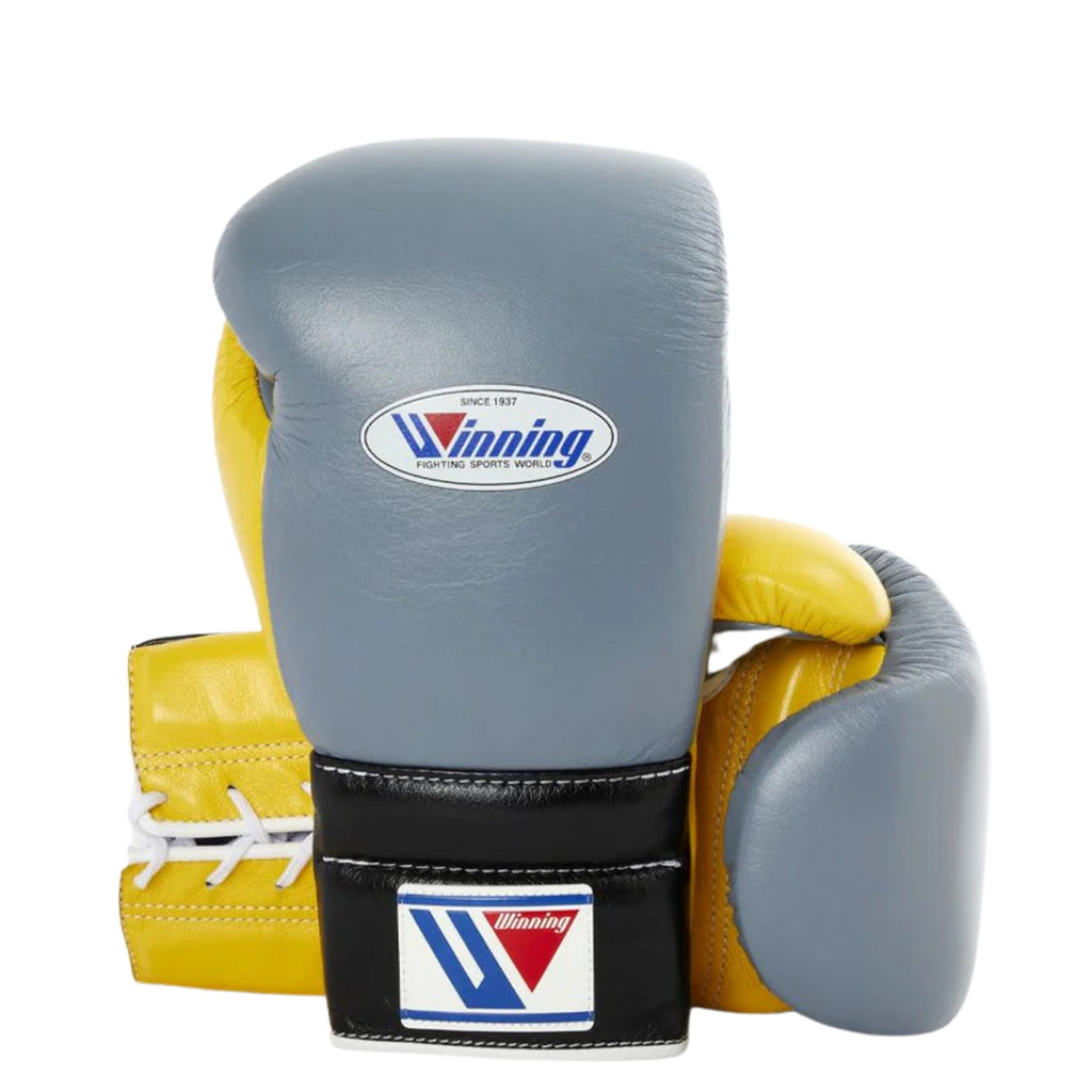 Winning Training boxing gloves Yellow Grey Leather Lace up - Velcro 
