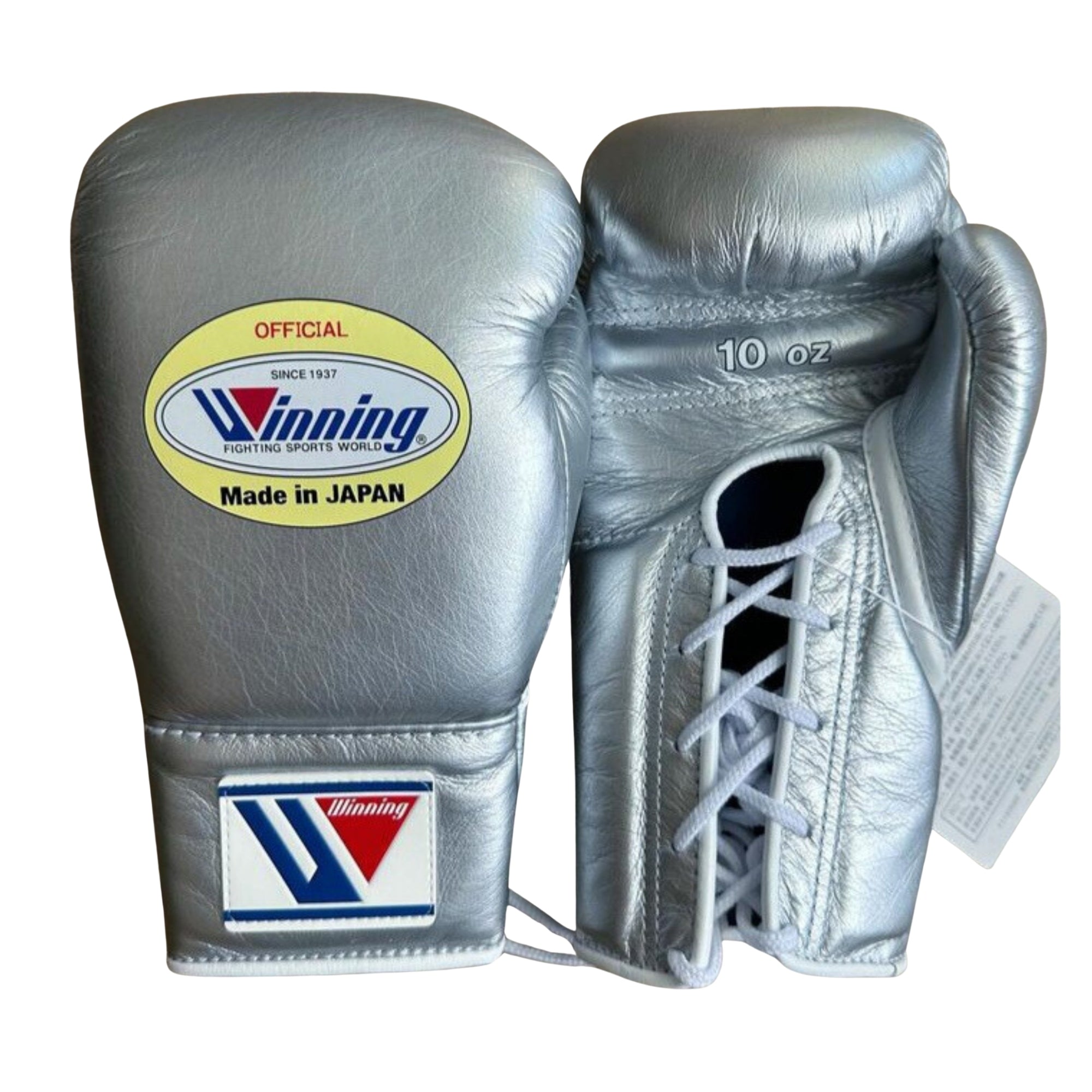 Winning boxing gloves 10oz silver Leather Lace up - Velcro