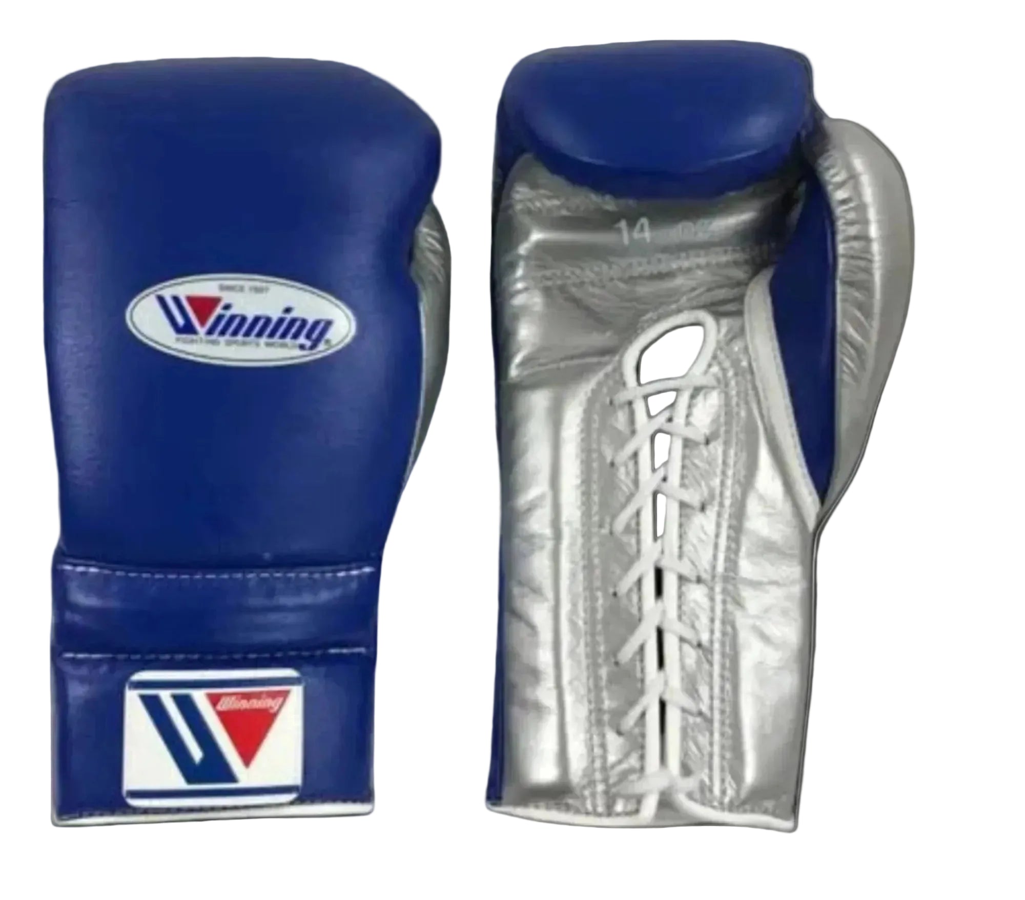 Winning boxing gloves Blue Silver Leather 14oz Lace up - Velcro