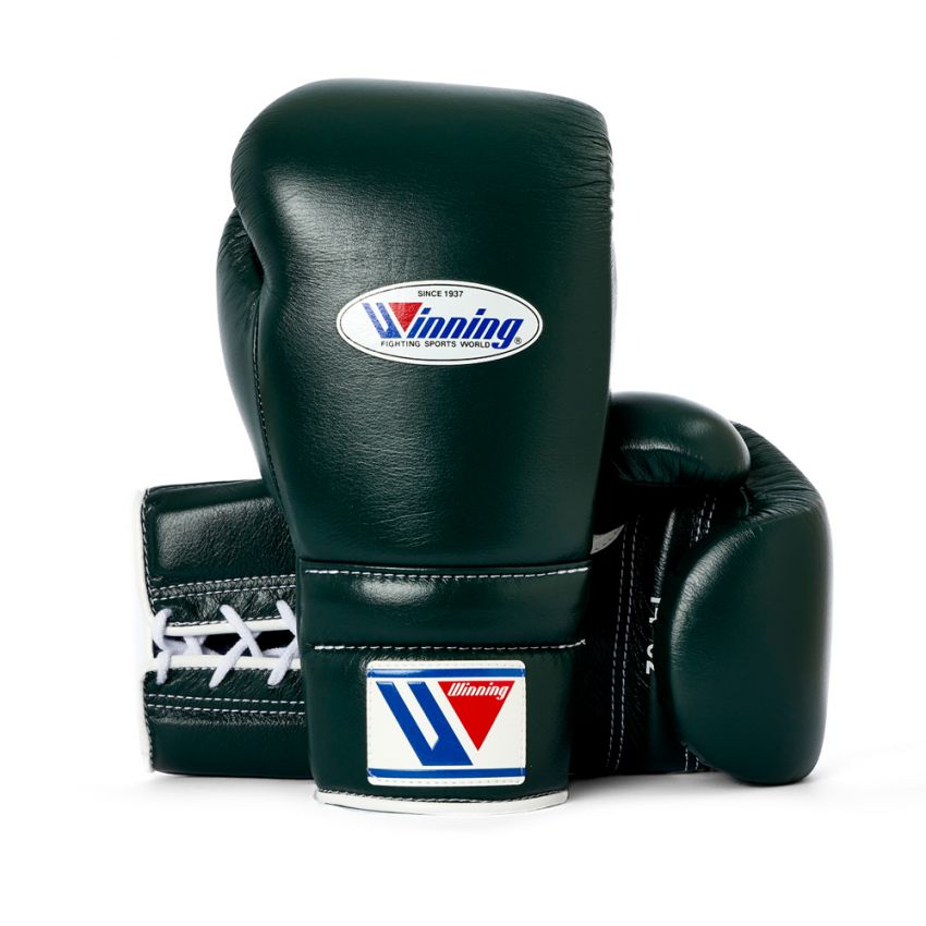 Winning boxing gloves Dark Green Leather 14oz Lace up - Velcro