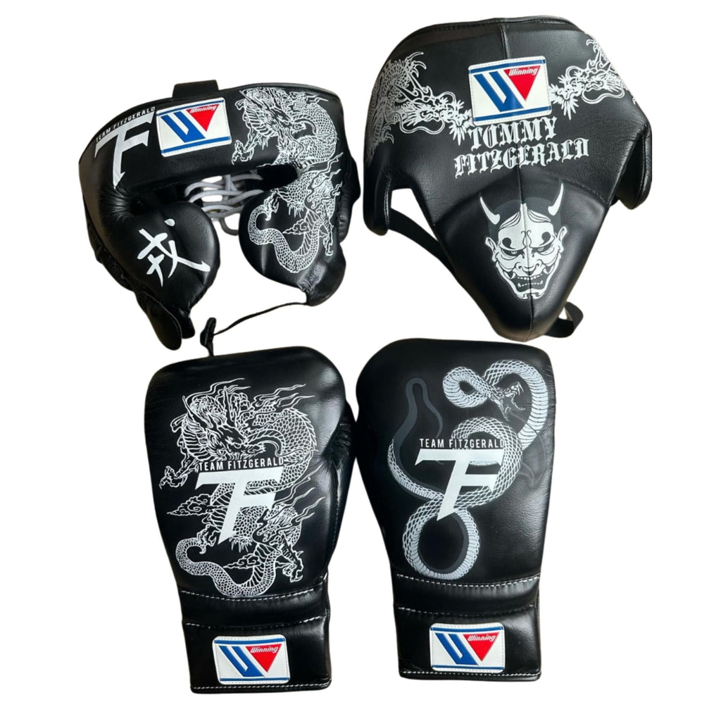 Winning boxing gloves Dragon set Black Leather Lace up - Velcro