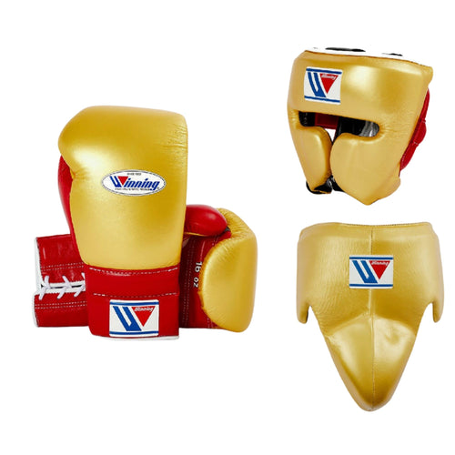 Winning boxing gloves Gold Red set Leather Lace up - Velcro