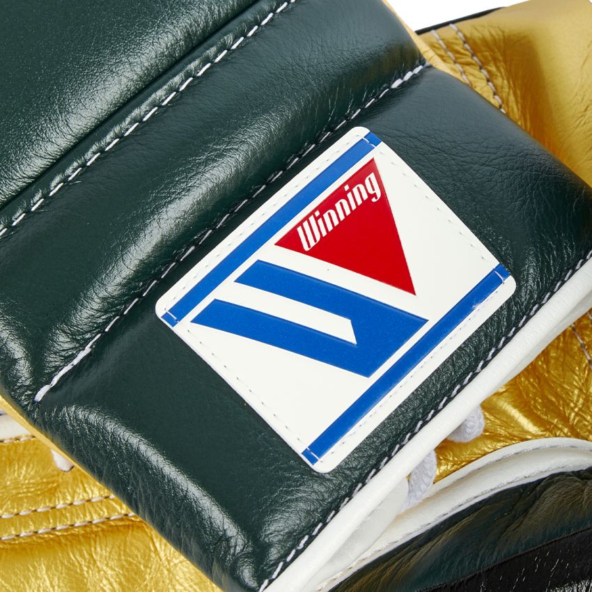 Winning boxing gloves Green Gold Leather 14oz Lace up - Velcro