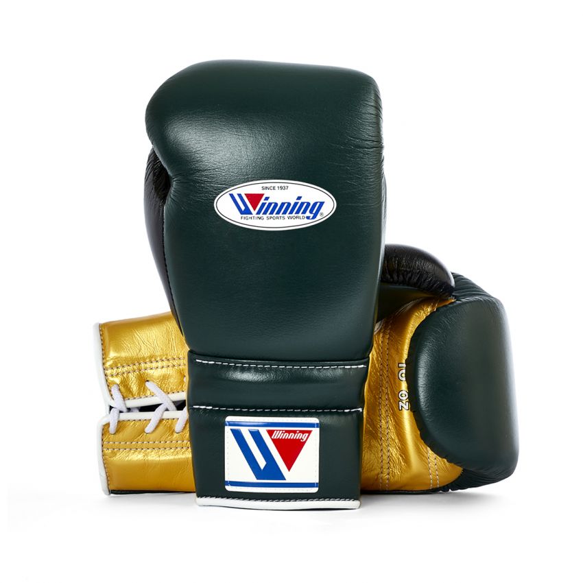 Winning boxing gloves Green Gold Leather 14oz Lace up - Velcro