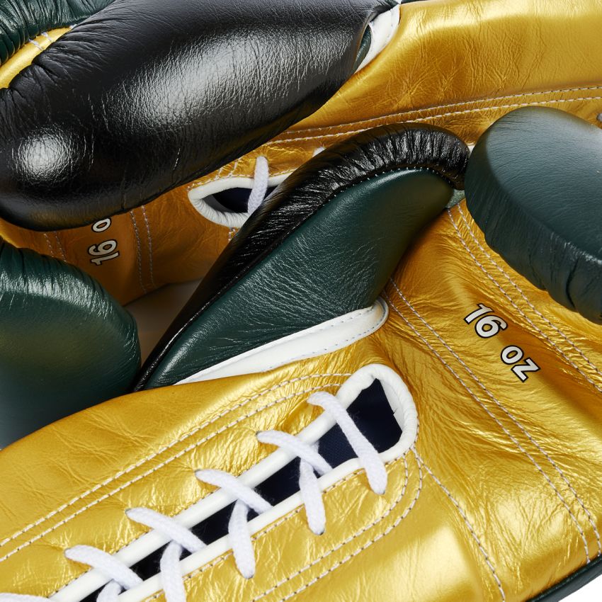 Winning boxing gloves Green Gold Leather 14oz Lace up - Velcro