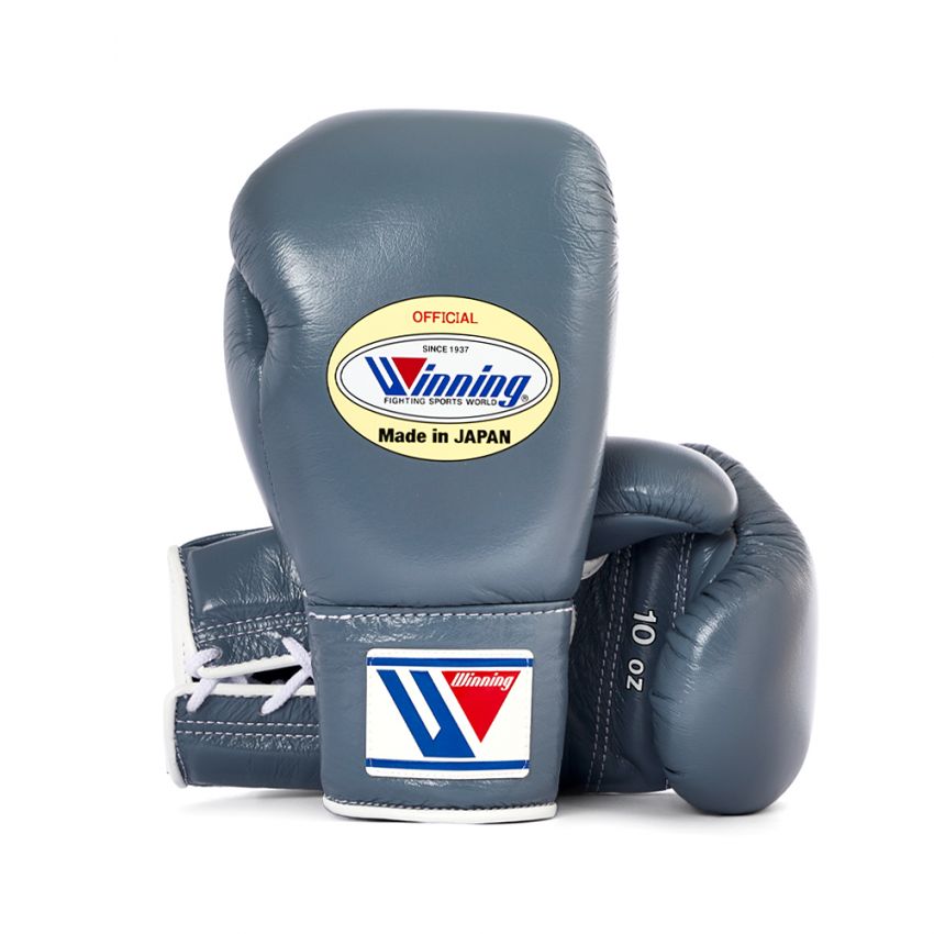 Winning boxing gloves Grey Leather 10oz Lace up - Velcro