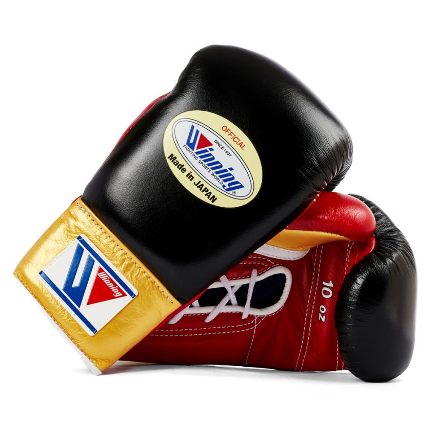 Winning boxing gloves Lace up Black Red Gold Leather 16oz