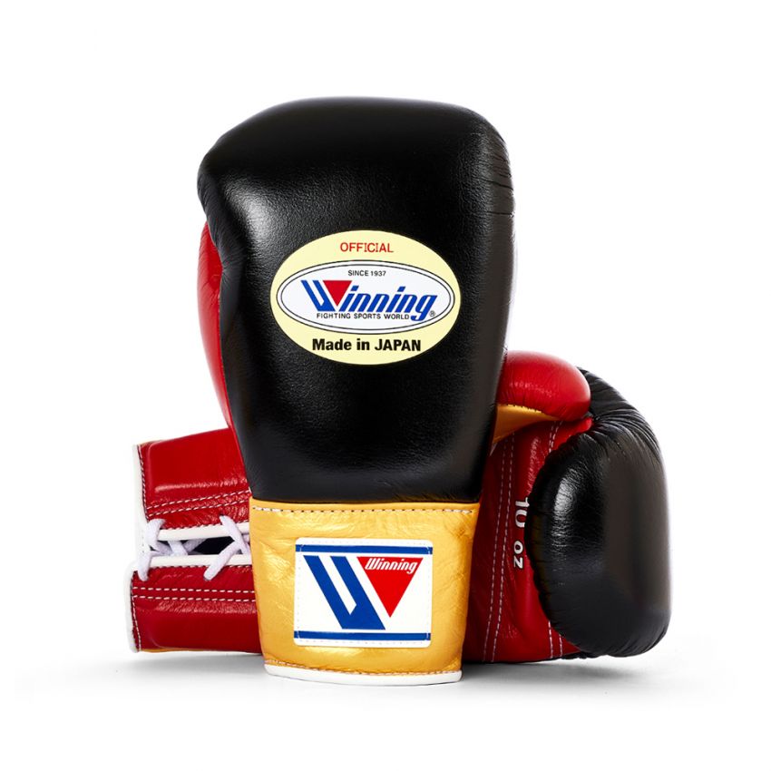 Winning boxing gloves Lace up Black Red Gold Leather 16oz