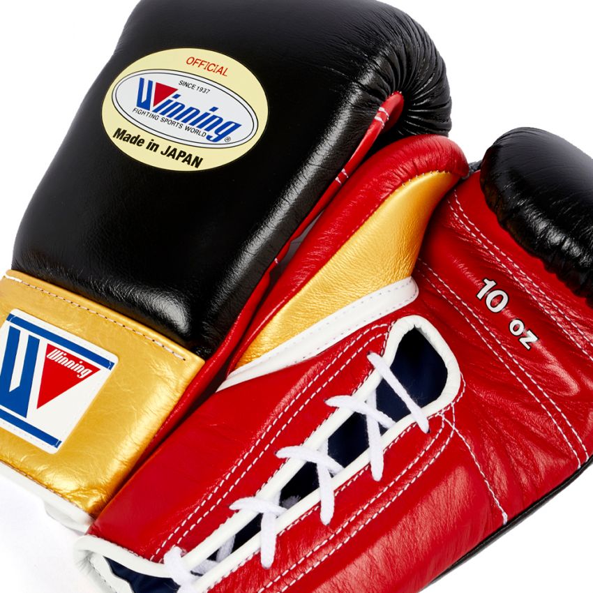 Winning boxing gloves Lace up Black Red Gold Leather 16oz