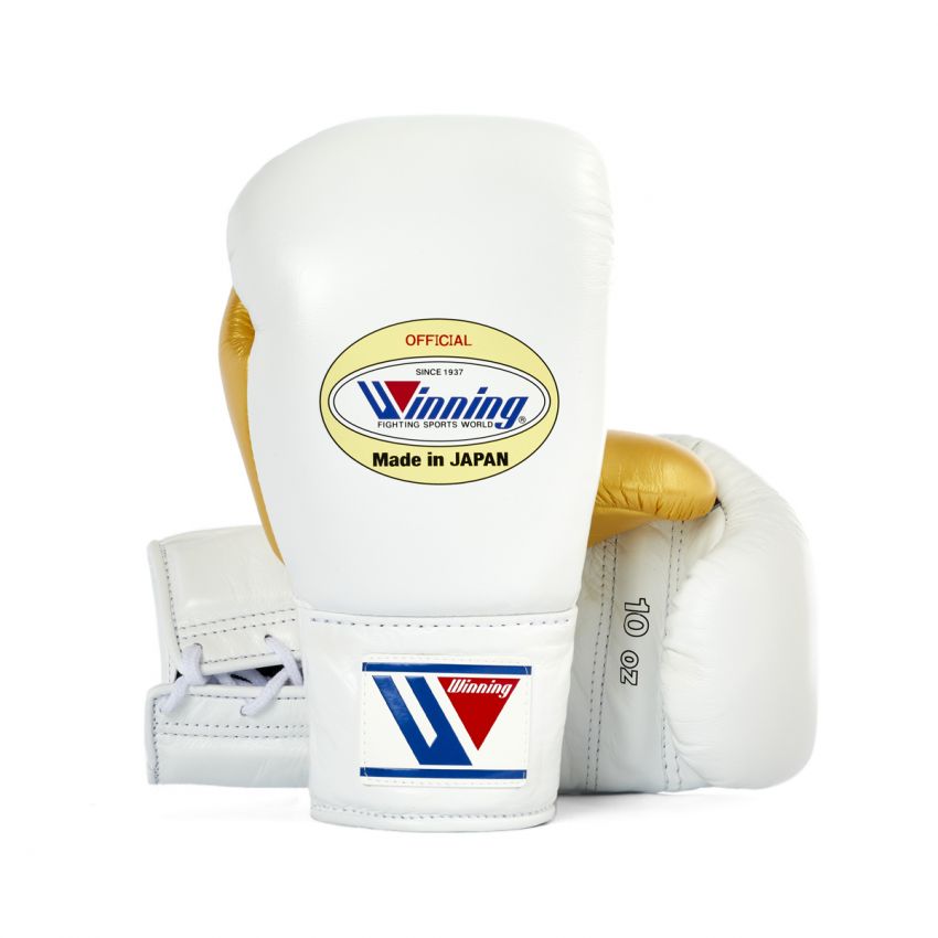 Winning boxing gloves White Gold Leather 16oz Lace up - Velcro