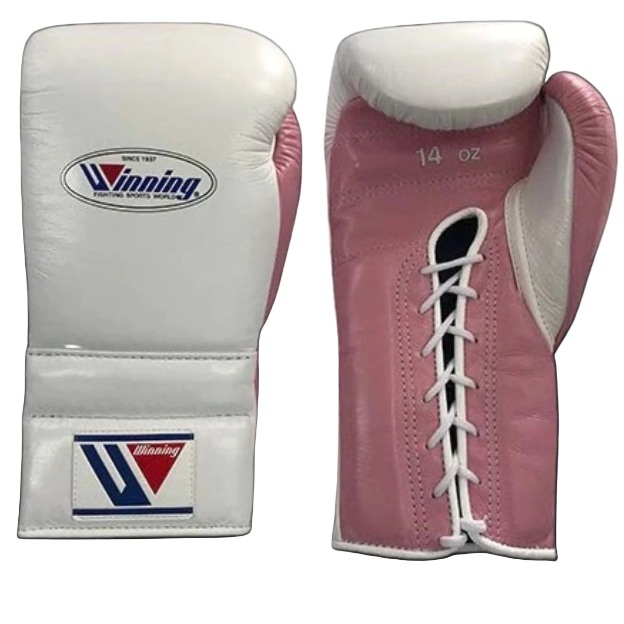 Winning boxing gloves Pink White Leather 14oz Lace up - Velcro