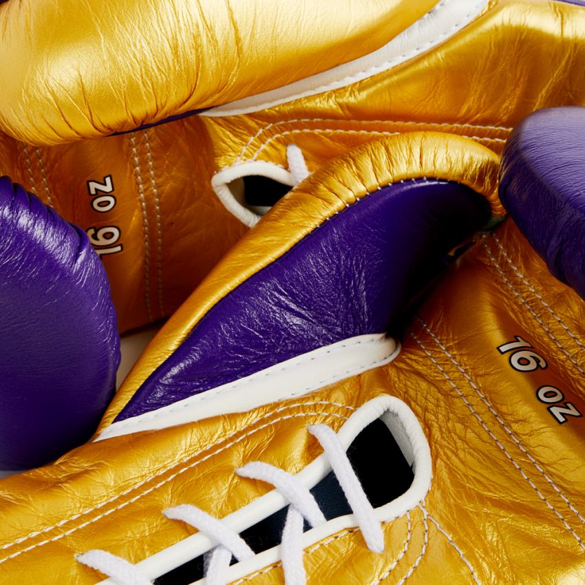 Winning boxing gloves Purple Gold Leather 12oz Lace up - Velcro
