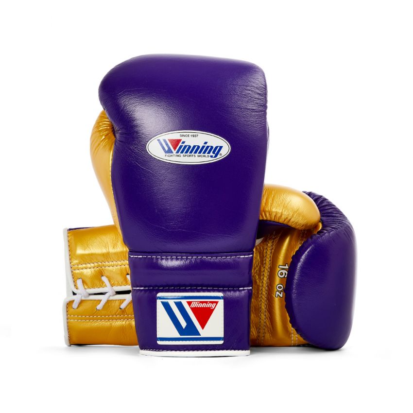 Winning boxing gloves Purple Gold Leather 12oz Lace up - Velcro