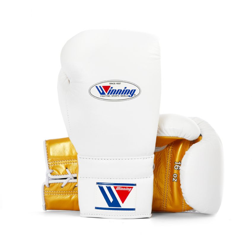 Winning boxing gloves White Gold Leather 16oz  Lace up - Velcro