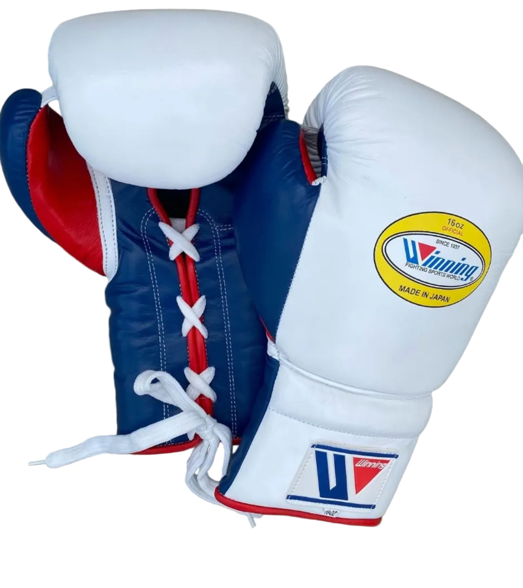 Winning boxing gloves White Red Blue Leather Lace up 