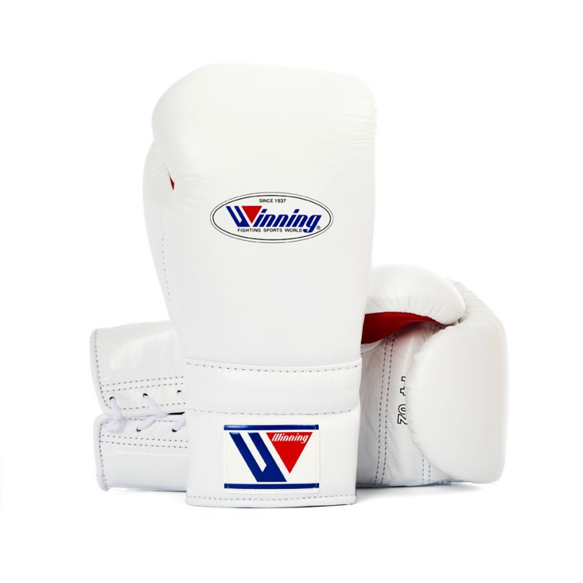 Winning boxing gloves White Red Leather 16oz Lace up - Velcro