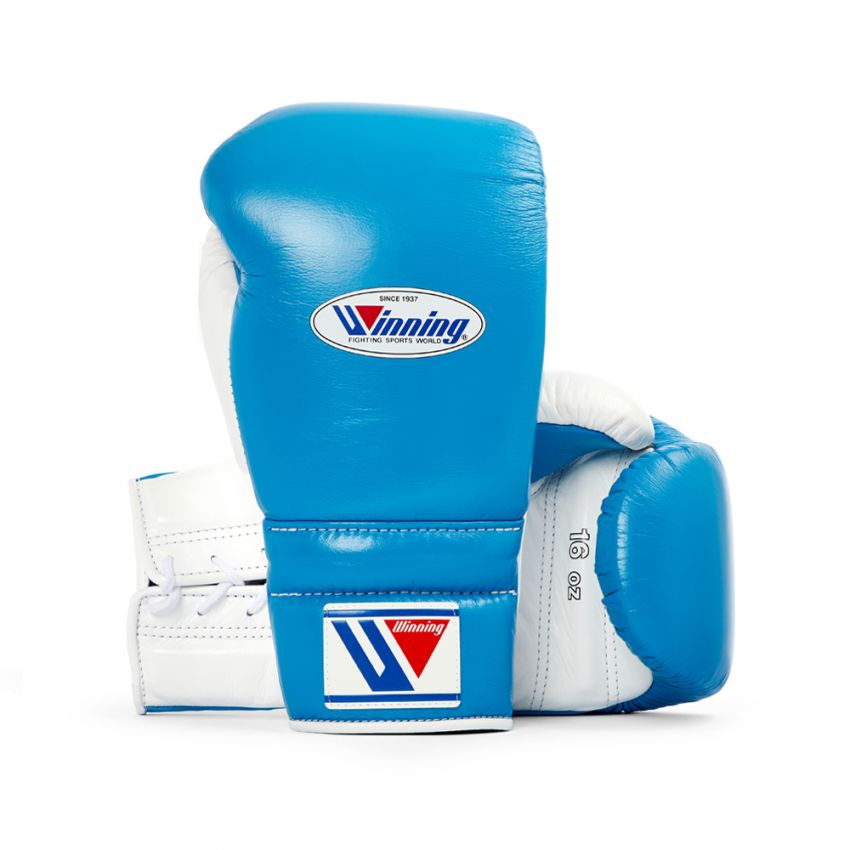 Winning boxing gloves White Sky Blue Leather 14oz Lace up