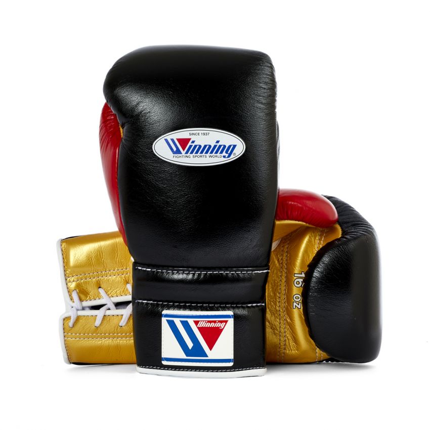 Winning boxing gloves red black gold Leather Lace up