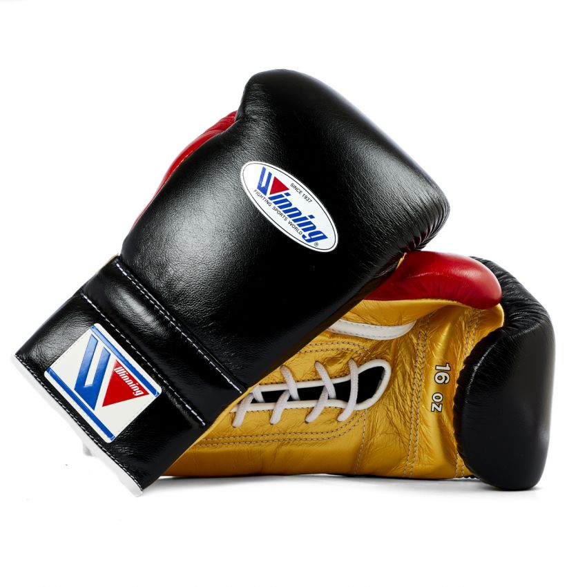 Winning boxing gloves red black gold Leather Lace up