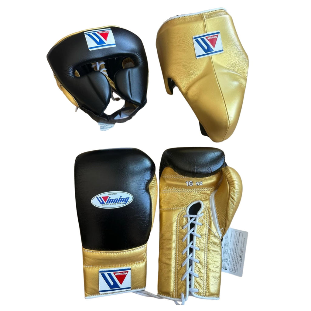 Winning boxing gloves set Black Gold Leather Lace up - Velcro