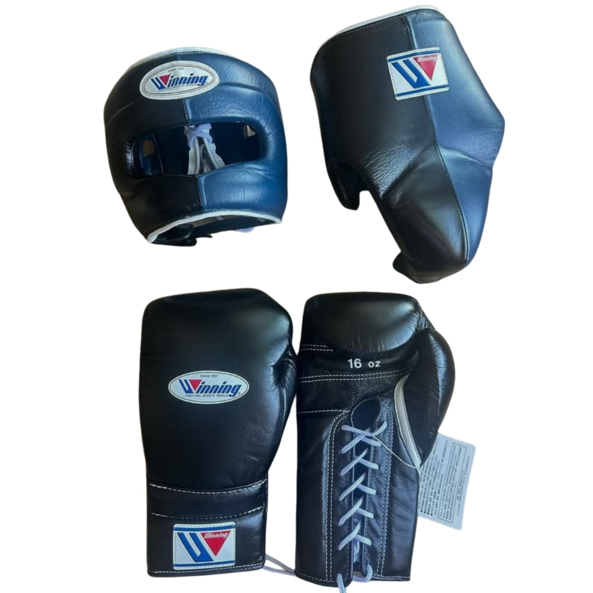 Winning boxing gloves set Black Leather Face Helmet