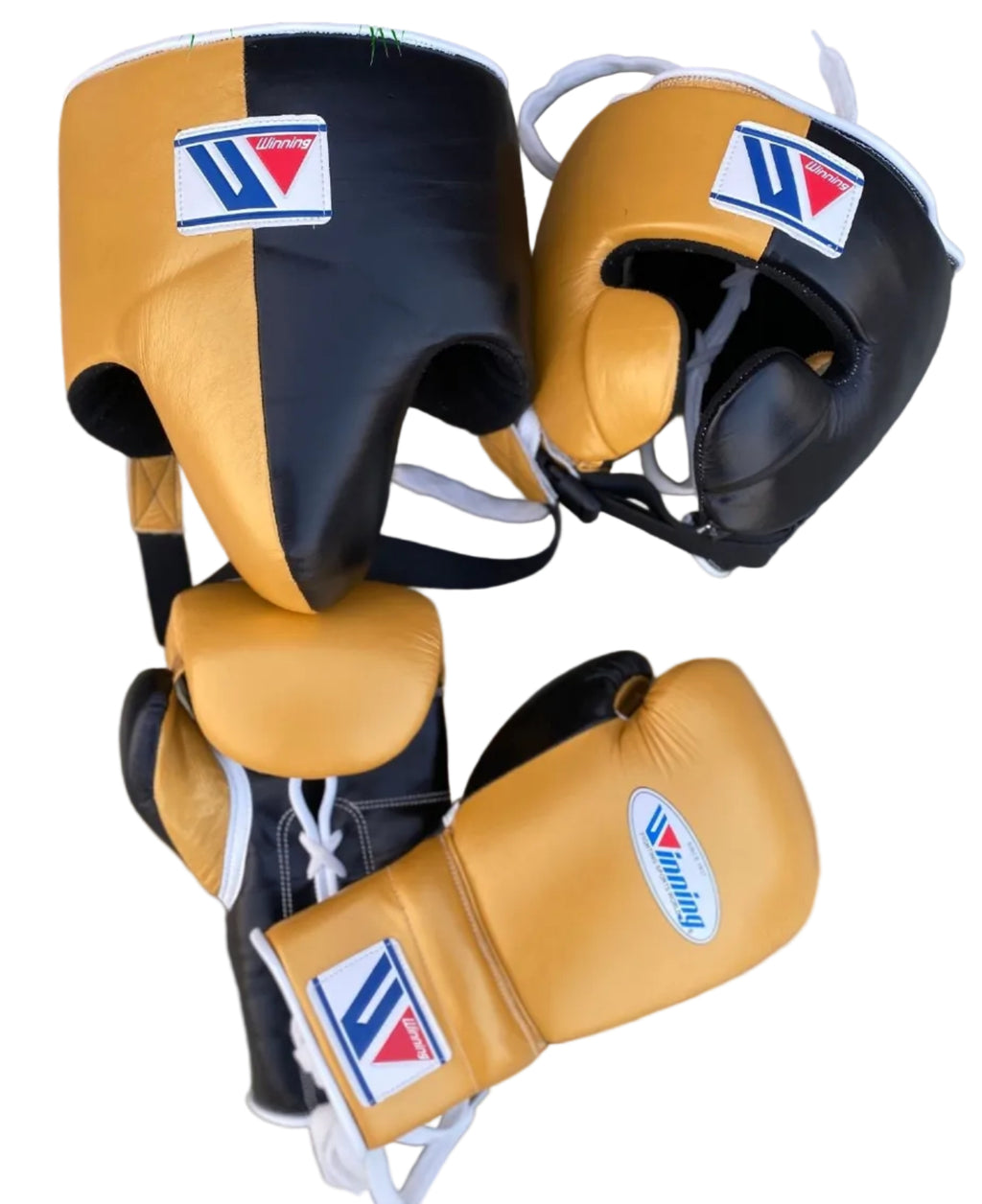 Winning boxing gloves set Black golden 
