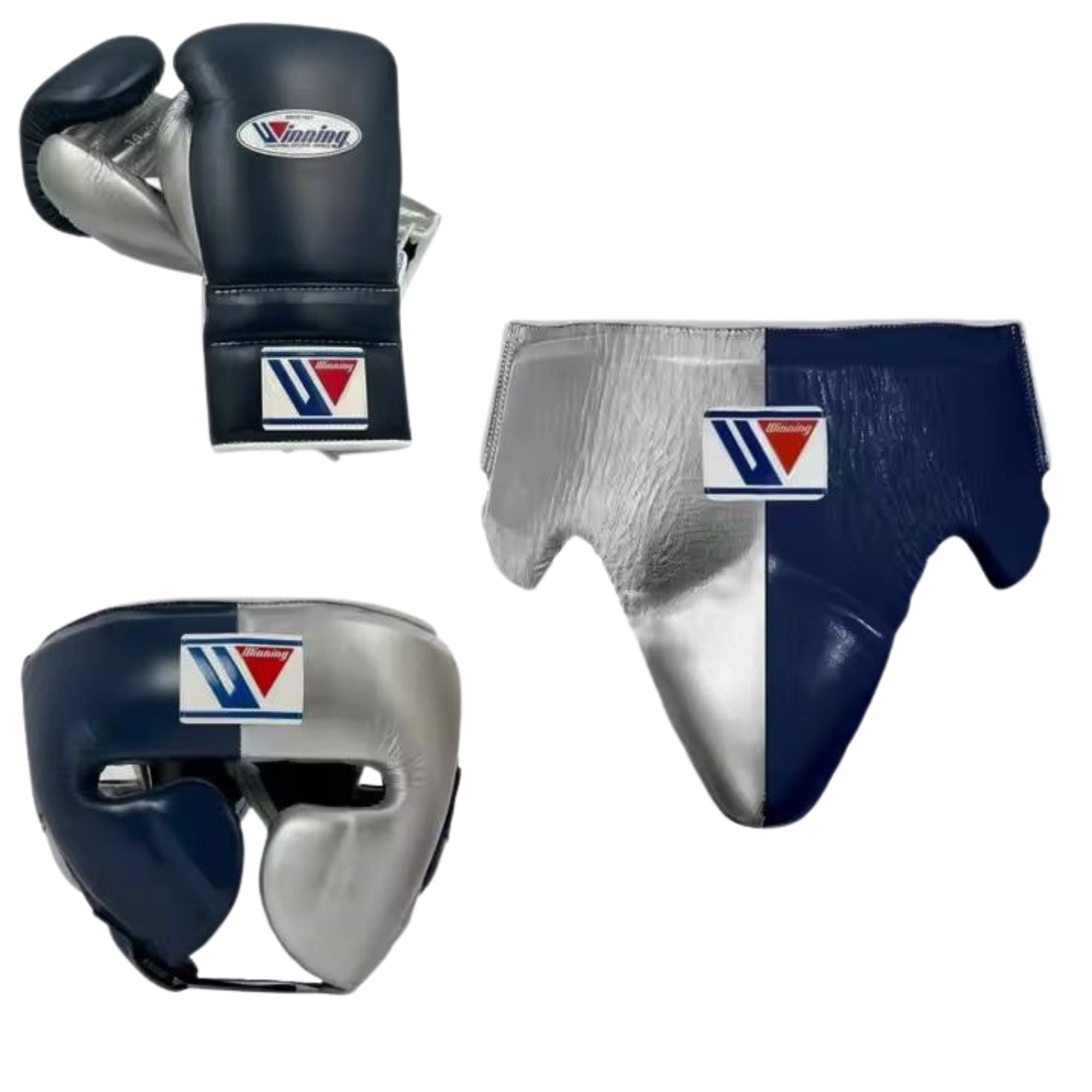 Winning boxing gloves set Blue Silver Leather Lace up - Velcro