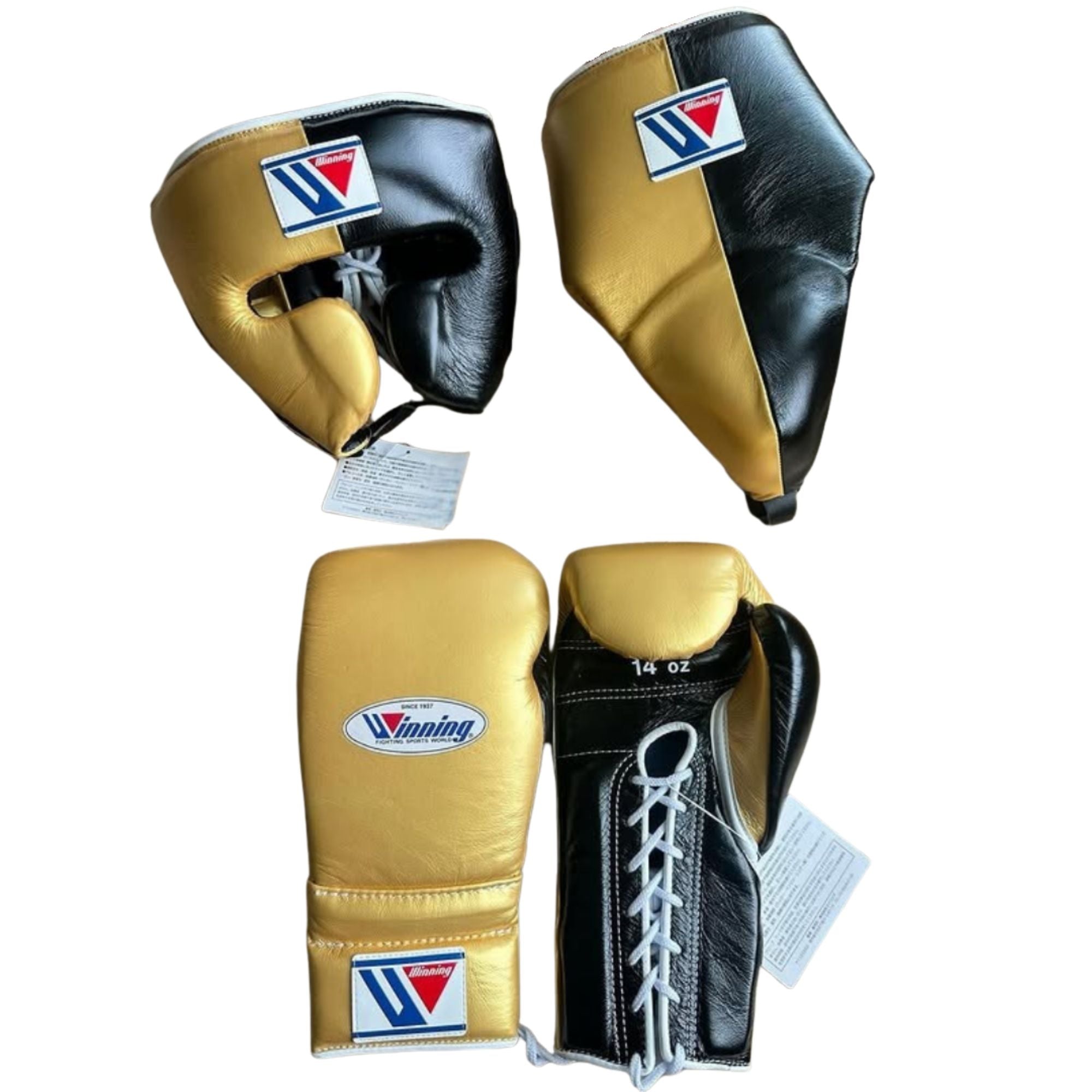 Winning boxing gloves set Gold Black Leather Lace up - Velcro