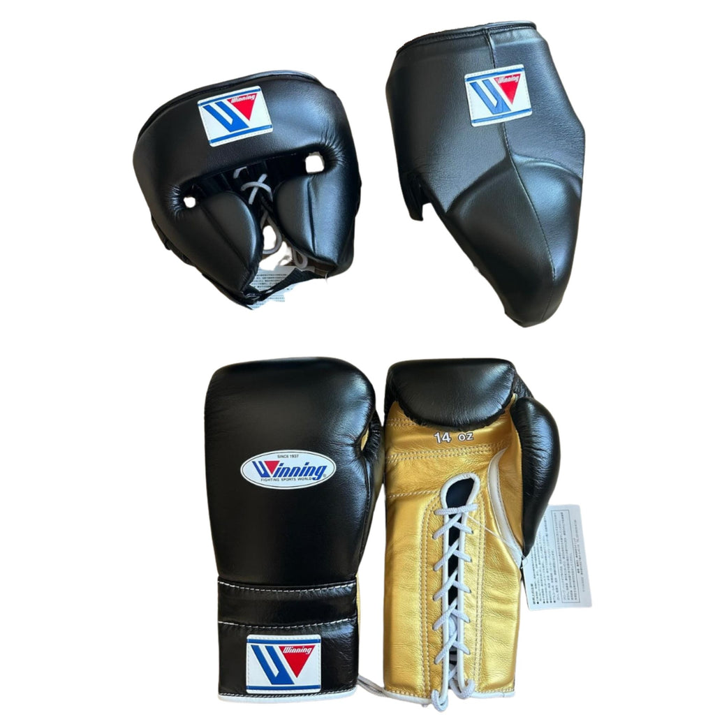 Winning boxing gloves set Gold Black Leather Lace up - Velcro