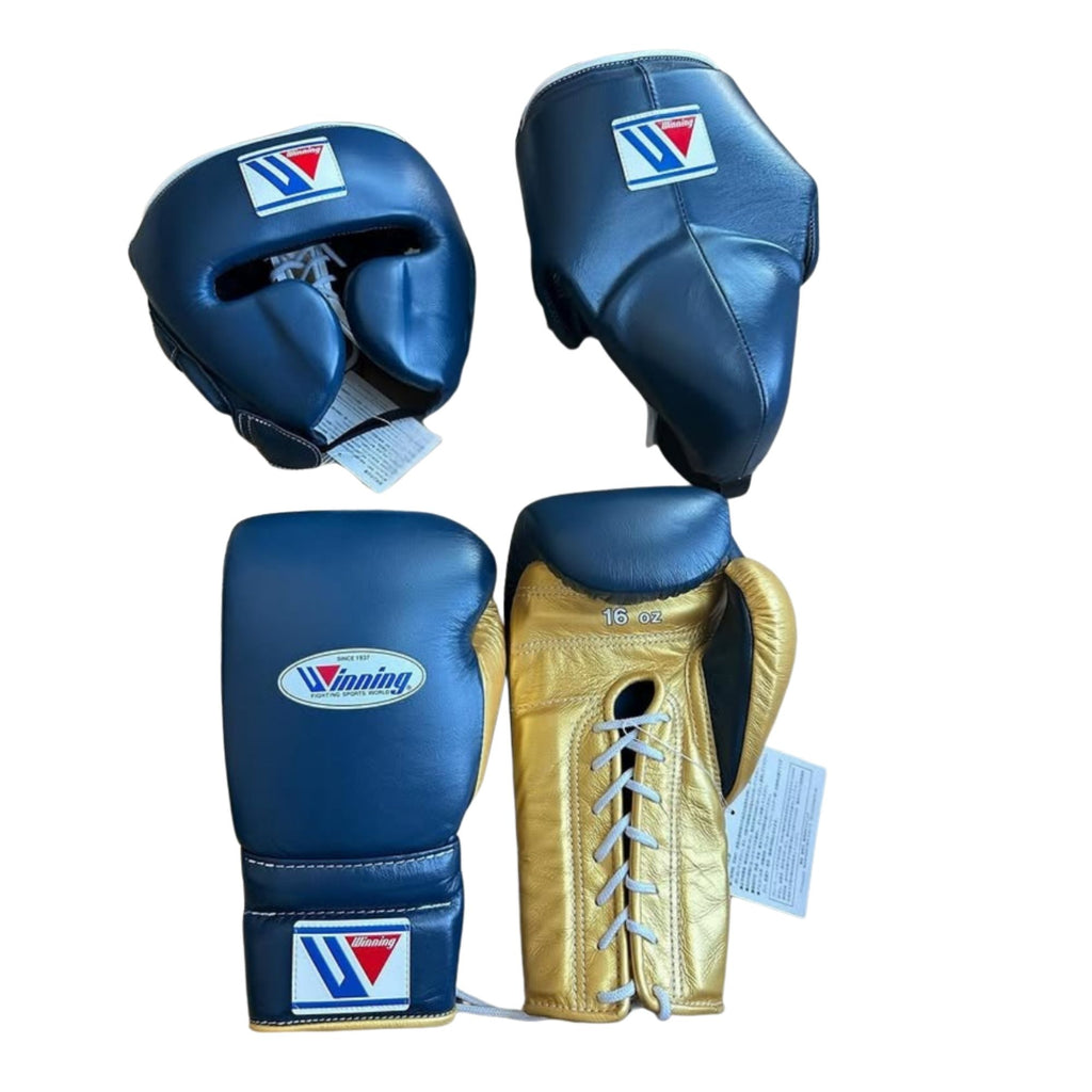 Winning boxing gloves set Gold Blue Leather Lace up - Velcro