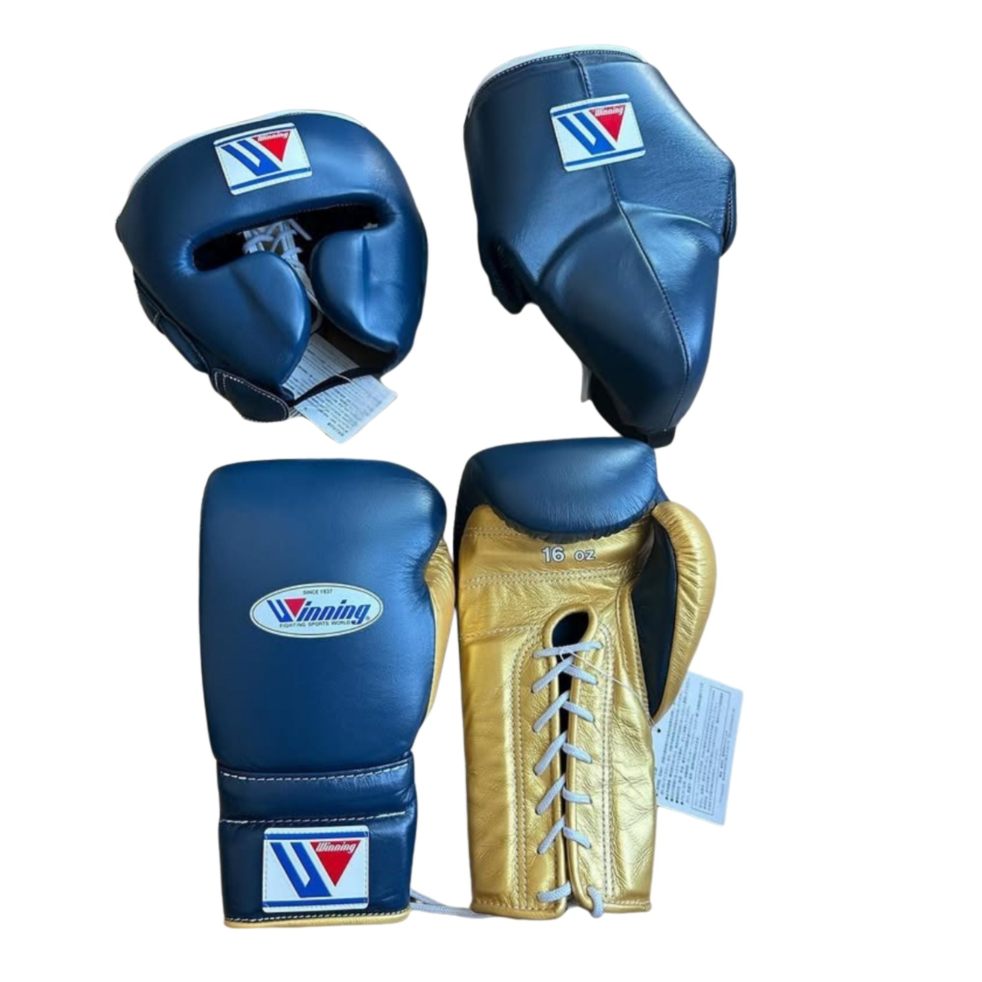 Winning boxing gloves set Gold Blue Leather Lace up - Velcro