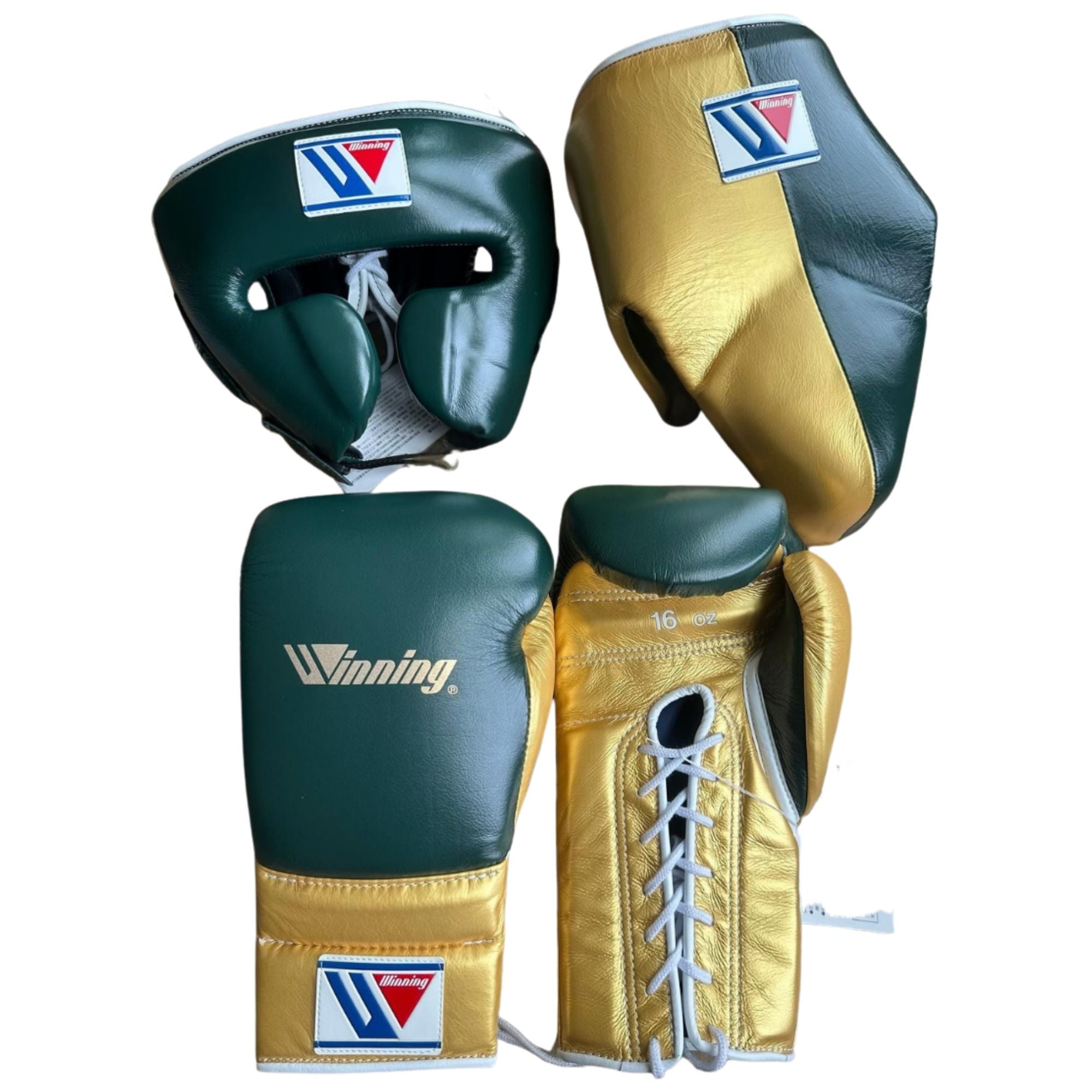 Winning boxing gloves set Green Gold Leather Head Groin Guard Helmet 