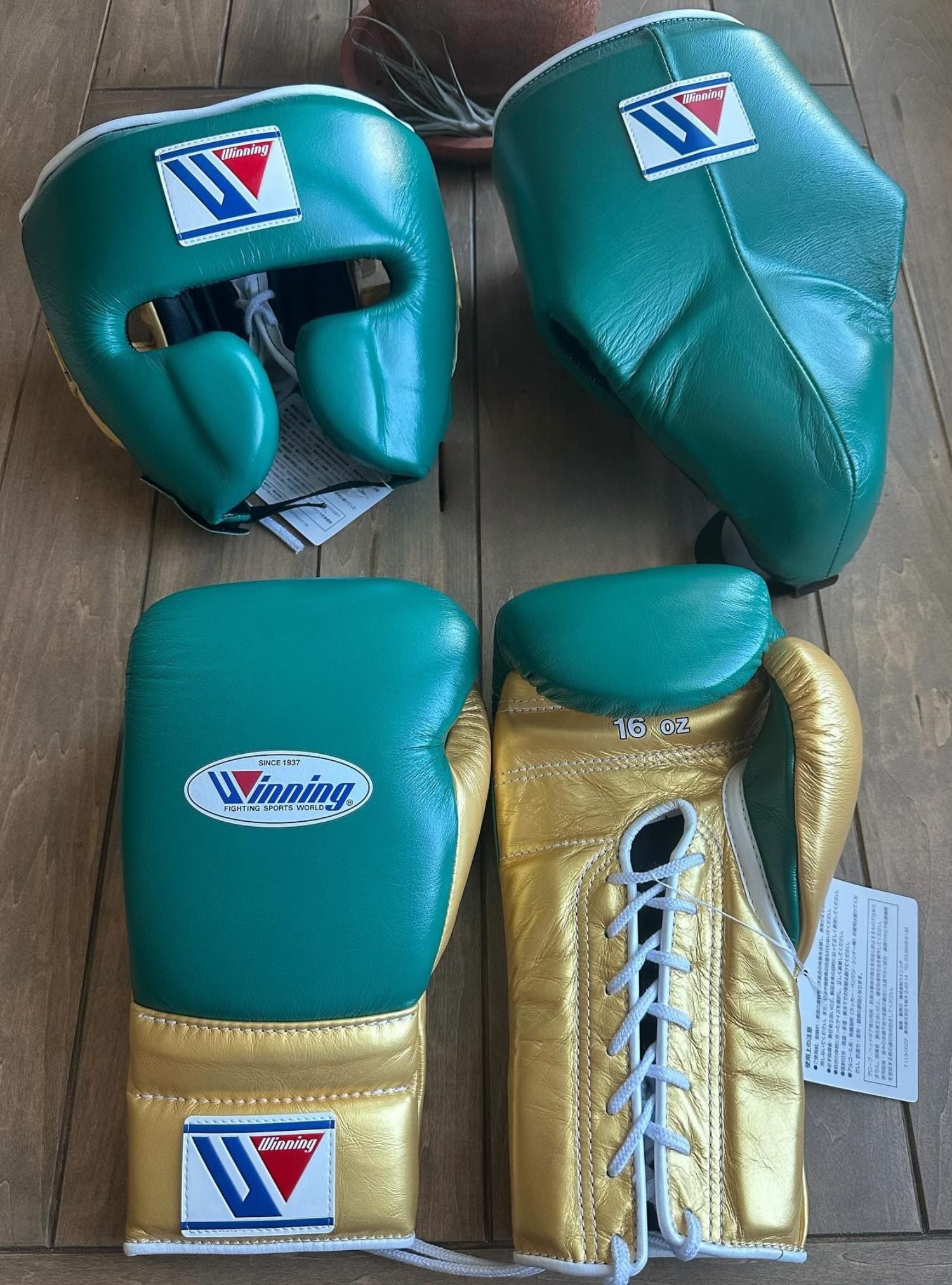 Winning boxing gloves set Green Golden 