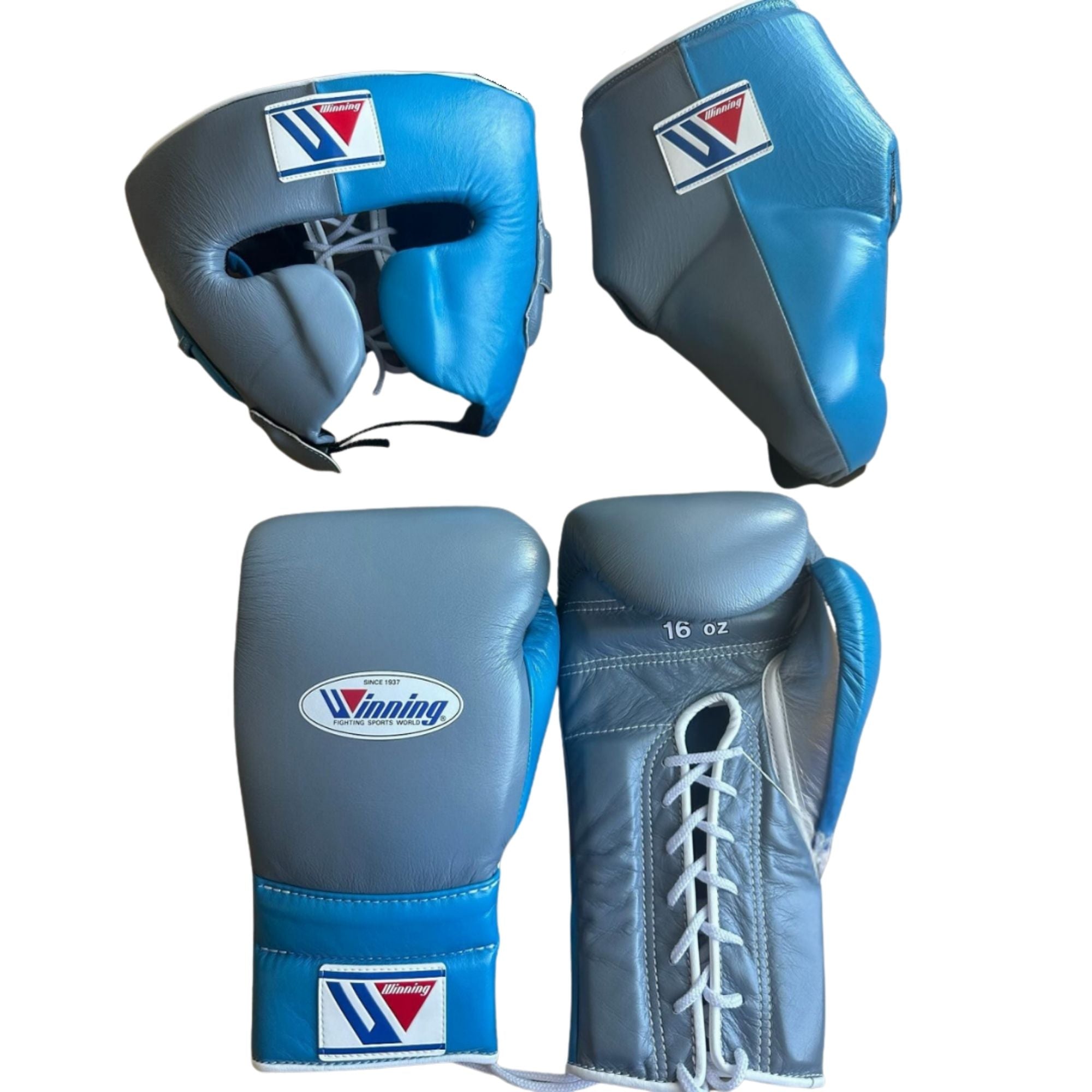 Winning boxing gloves set Grey Sky Blue Leather 