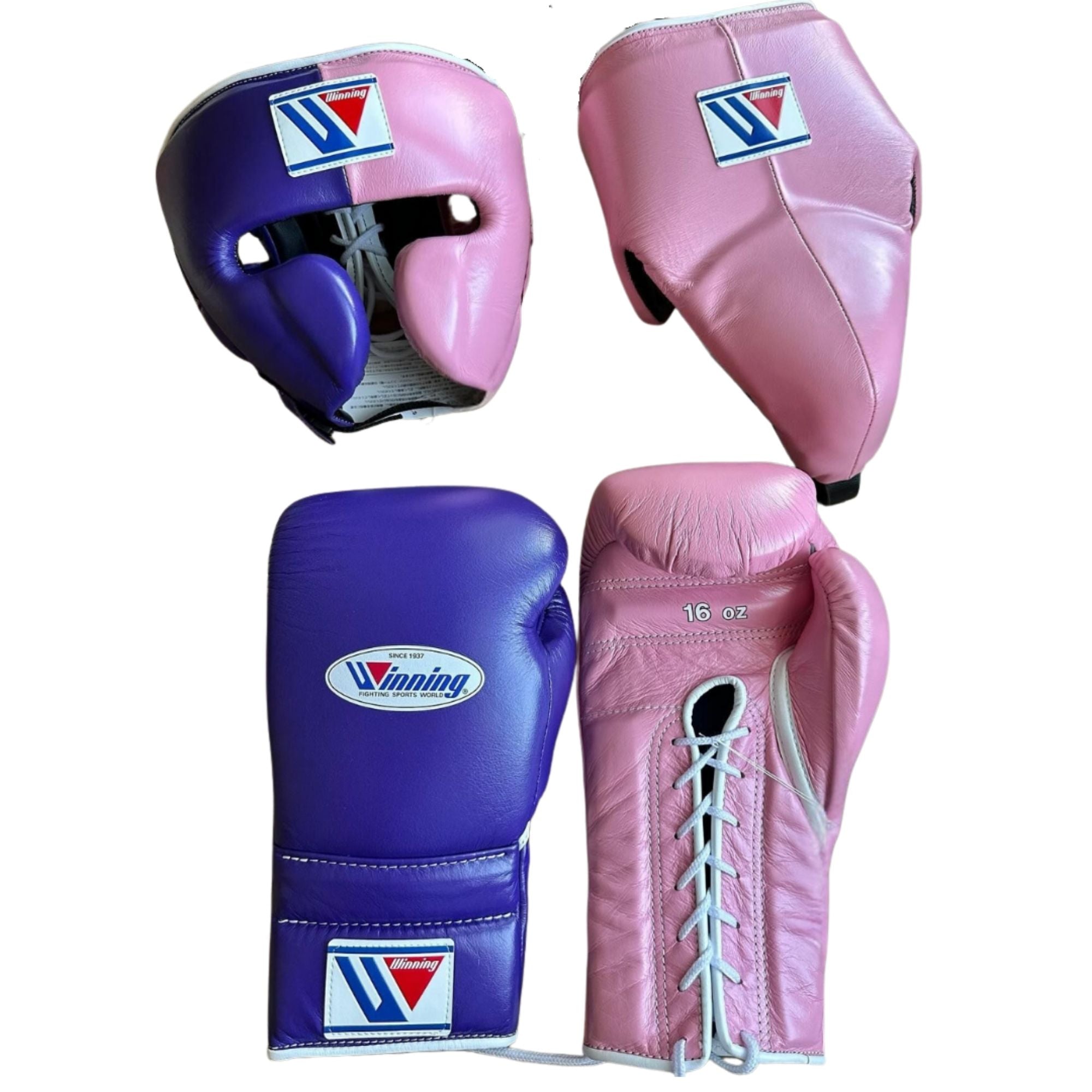 Winning boxing gloves set Pink Purple Leather Head and Groin protector 